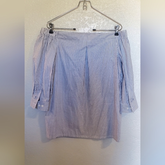 Theory Juscla Masin Off-Shoulder Gray & White Striped Cotton Blouse Size Small - Picture 8 of 8